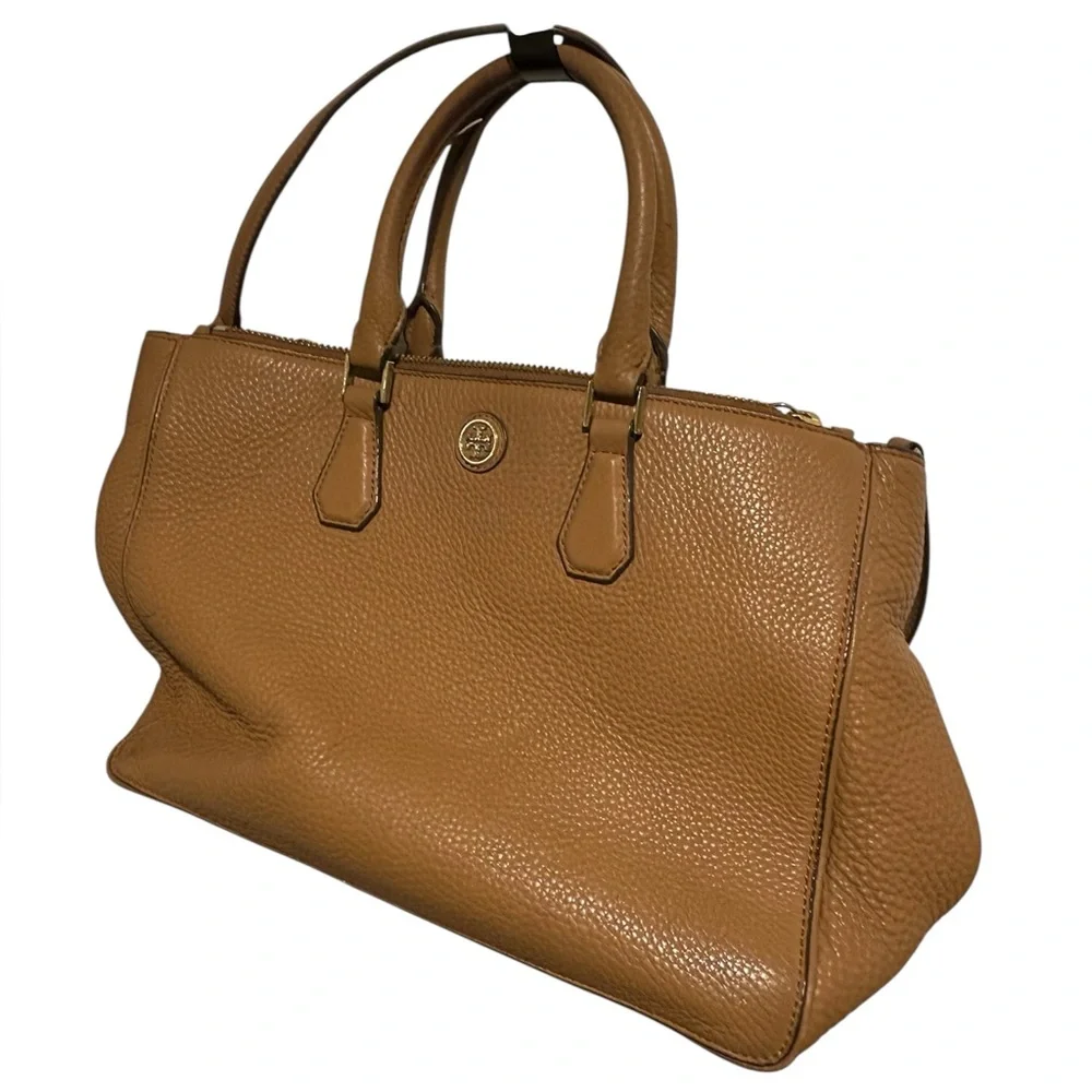 TORY BURCH Robinson Pebbled Leather Tote Bag Satchel Tan